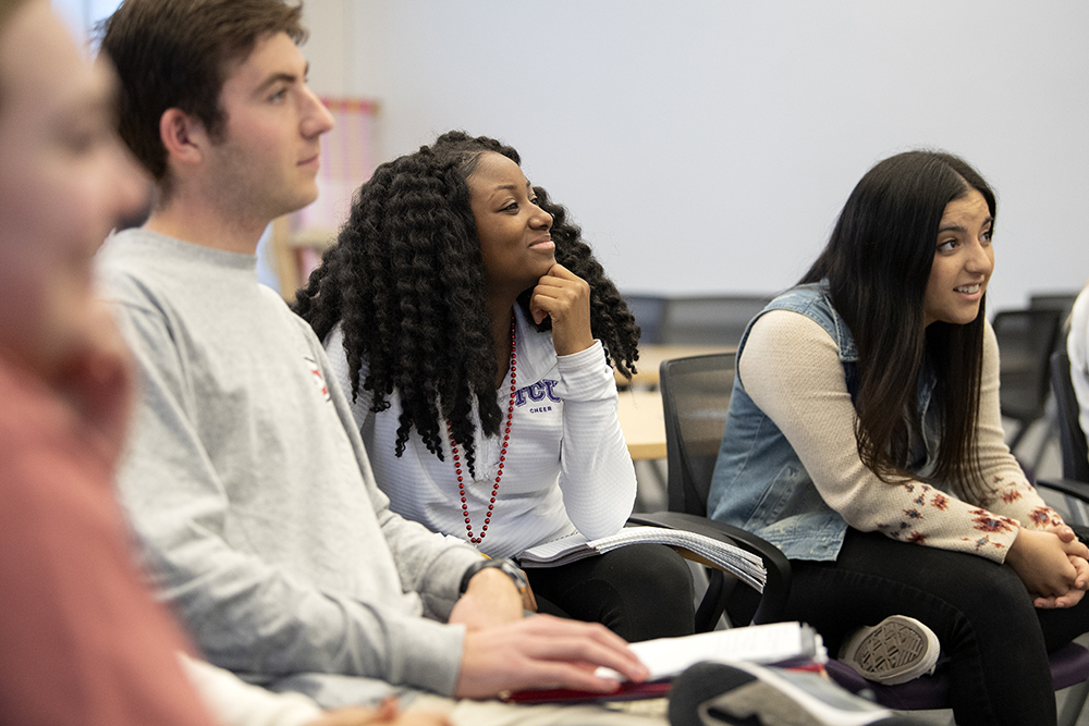 Honors College students in professor Frederick W. Gooding Jr.'s class "Race at the Movies". Photographed Tuesday, March 19, 2019, at Texas Christian University in Fort Worth, Texas. (AP Photo/Jeffrey McWhorter)